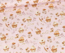 Baumwolle - Cretonne - Bedruckt - Cupcakes & Blätter - Pastellrosa