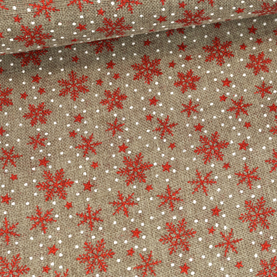 Jute - Polyester - Dekostoff - Weihnachten - Rote Sterne - Beigegrau