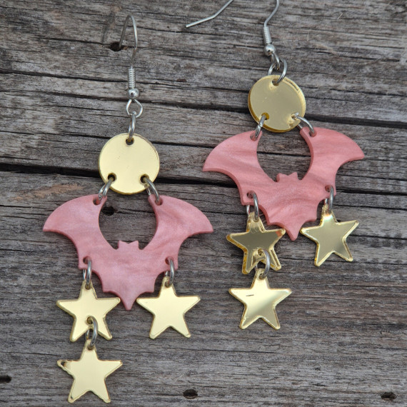 1 Paar Ohrringe - Acryl - 5-teilig - Sterne - Gespenst - Spiegel - super leicht - Altrosa/Gold - Namensklang