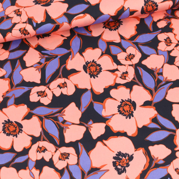 Baumwoll Satin - Webware - Flowers - Stahlblau