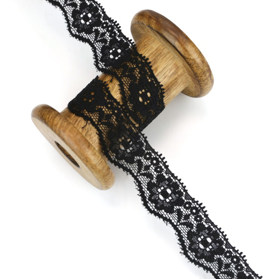 1m Elastische Spitze - Blüten - 23mm - Schwarz
