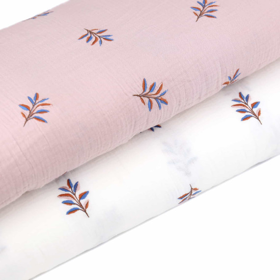 Musselin - Muslin - Double Gauze - Bestickt - Mehrfarbige Blätterzweige - Weiß