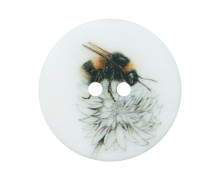 1 Perlmuttknopf - Rund - 20mm - 2-Loch - Seitliche Biene & Blüte - Warmweiß