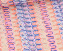 Strickstoff - Häkel Spitze - welliges Streifenmuster - Weiß/Rosa/Hellblau