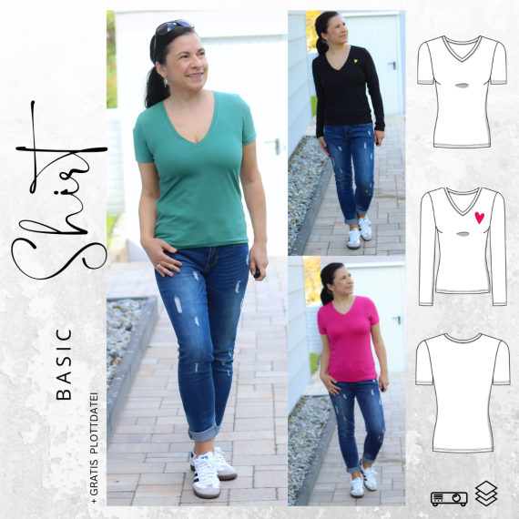 Ebook BASIC Shirt Nr. 2 V-Ausschnitt  Gr. 32-56 + gratis Plott