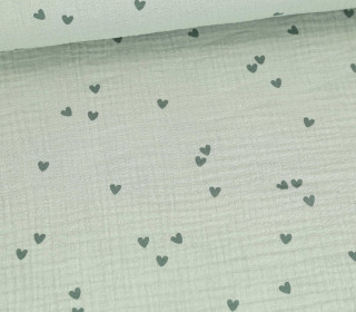 Musselin - Muslin - Double Gauze - Bedruckt - Kleine Herzen - Lichtgrün