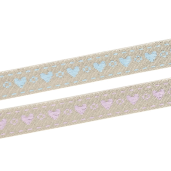 1m Webband - bestickt - Herzen - 15mm - Taupe Hell/Grau
