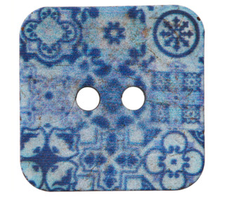 1 Kokosknopf - Quadratisch -  35 x 35mm - 2-Loch - Muster - Blau