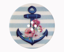 1 Polyesterknopf - Anker mit Blumen - Gestreift - 23mm - 4-Loch - Hellblau