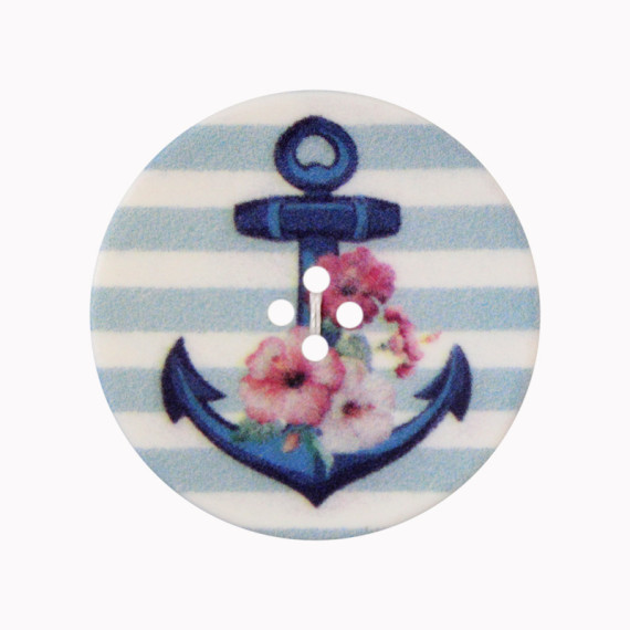 1 Polyesterknopf - Anker mit Blumen - Gestreift - 23mm - 4-Loch - Hellblau
