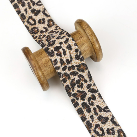 1m Gummiband - Glitzer - Animal Print - 35mm - Leopard - Warmweiß/Schwarz/Braun