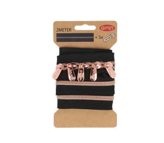 2m Endlosreißverschluss + 5 Zipper - Metallic - Schwarz/Roségold