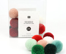 Pompon Set - Bommel - 24 Stück - Rot-Grün - Weiß/Puder/Rot/Bordeaux/Mint/Grün/Tannengrün