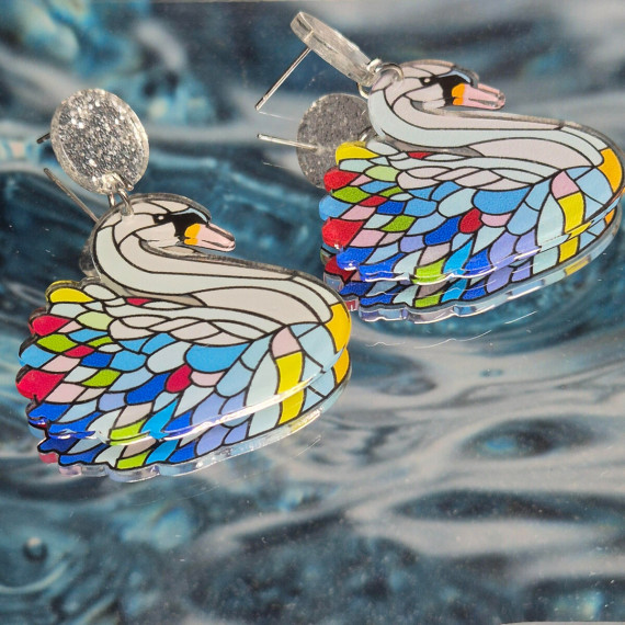 1 Paar Ohrringe - Acryl - 2-teilig - Schwan - Glitzer - super leicht - Bunt/Silber - Namensklang