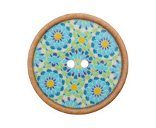 1 Polyesterknopf - Rund - 18mm -  2-Loch - Ornamentblumen - Hellblau