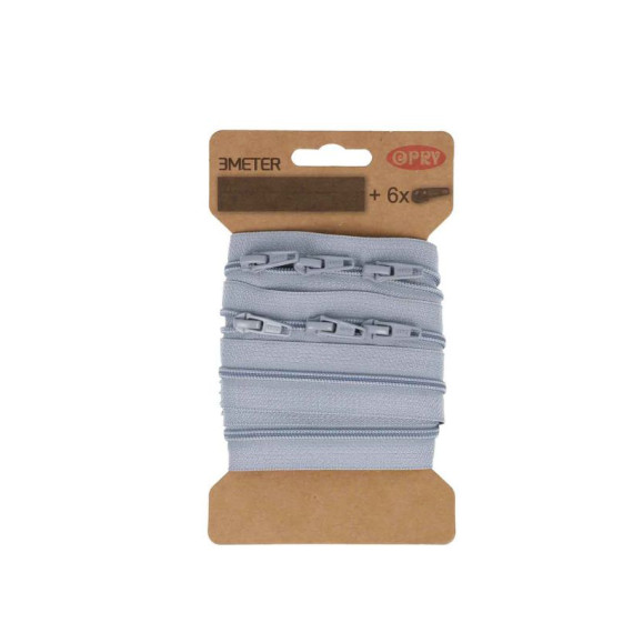 3m Endlosreißverschluss + Nicht teilbar - 6 eckige Zipper - Hellgrau