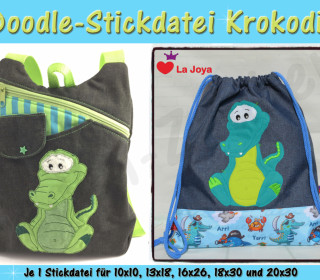 Doodle-Motiv Krokodil - Stickdatei-Set für den 10x10cm bis 20x30cm Rahmen