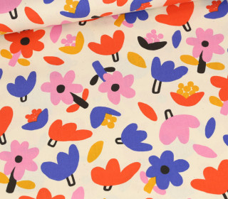Bio Baumwolle - Webware - Popelin - JENNIFER BOURON - Petites Fleurs - Ecru/Royalblau