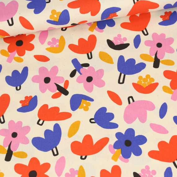 Bio Baumwolle - Webware - Popelin - JENNIFER BOURON - Petites Fleurs - Ecru/Royalblau