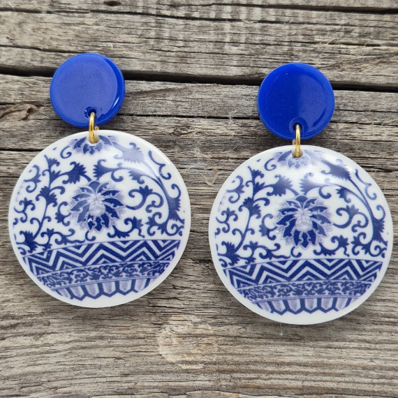 1 Paar Ohrringe - Acryl - 2-teilig - 2 Kreise - super leicht - Blau/Weiß - Namensklang