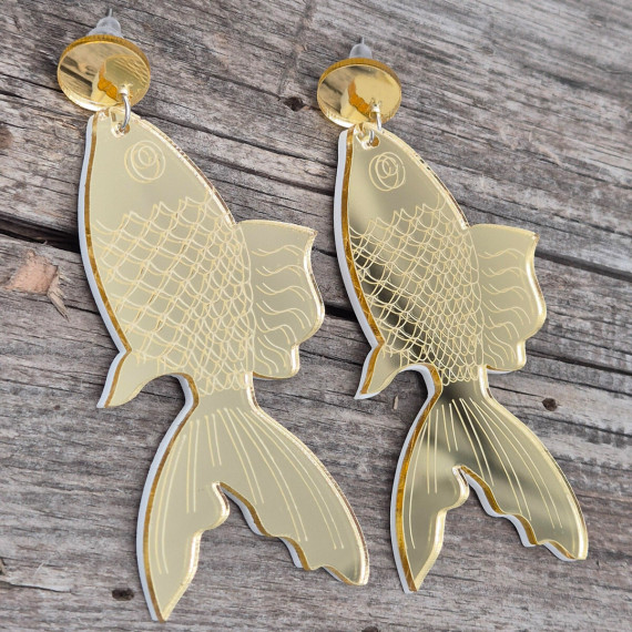 1 Paar Ohrringe - Fisch - Kreis - 2-teilig - Spiegel - Glitzer - leichte Acryl Ohrringe - Gold  - Namensklang