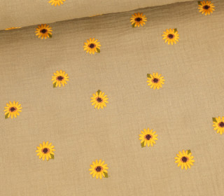 Musselin - Muslin - Double Gauze - Bestickt - Bunte Blumen - Hellbraun