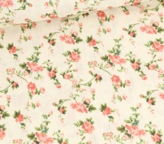 Ajour Jersey - Zarte Lochstickerei - Blumen - Rosen - Warmweiß/Koralle