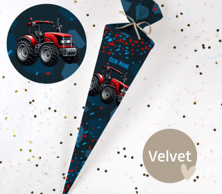 DIY-Nähset Schultüte - Roter Traktor - Schwarz - Velvet - zum selber Nähen