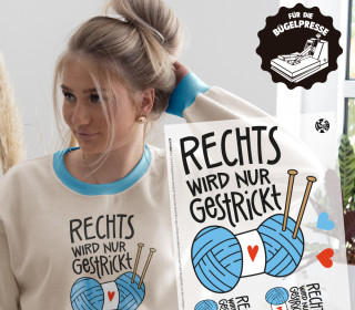 Onkel Bo's Bügelbilder - DIN A4 - Rechts Wird Nur Gestrickt - Wollknäuel - Hellblau - BIG - Hamburger Liebe