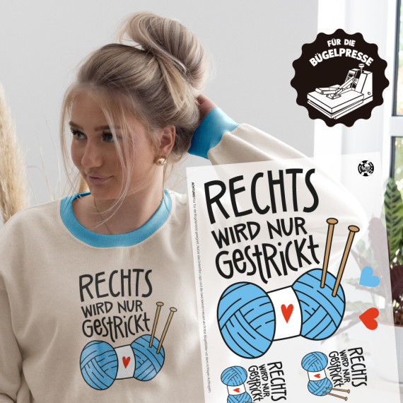 Onkel Bo's Bügelbilder - DIN A4 - Rechts Wird Nur Gestrickt - Wollknäuel - Hellblau - BIG - Hamburger Liebe