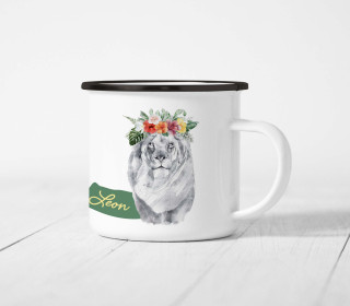 Emaille Becher - Löwe - Blumen