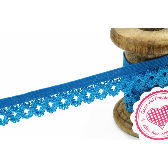 1 Meter Gummi mit Zierabschluss - Blumen - Zierborte - Ziergummi - 20mm - Himmelblau