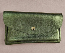 Große Geldbörse aus Metallic-Leder - Khaki - mit 2 Fächern - mit Druckknopf und Reißverschluss - Portemonnaie