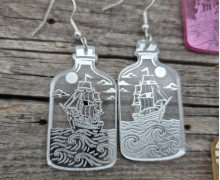 1 Paar Ohrringe - Buddelschiff - Flasche Schiff - Spiegel - leichte Acryl Ohrringe - Silber - Namensklang