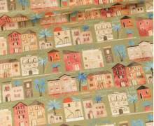 Baumwolle - Webware - Bedruckt - Watercolor - Beach Houses - Olivbeige