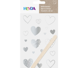 1 Bogen Rubbelsticker - Inkl. Holzstick - Herzen - Silber Glänzend