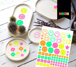 Neon Rub-On Sticker - Fröhliche Gesichter - Blumen - Tante Henni Rubon - vielfältig nutzbar