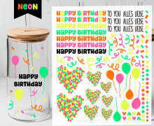 Neon Rub-On Sticker - Happy Birthday - Konfetti - Tante Henni Rubon - vielfältig nutzbar