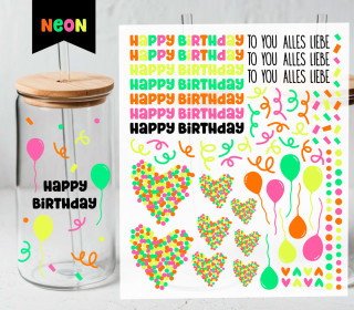 Neon Rub-On Sticker - Happy Birthday - Konfetti - Tante Henni Rubon - vielfältig nutzbar