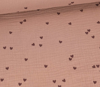 Musselin - Muslin - Double Gauze - Bedruckt - Kleine Herzen - Mokkabraun