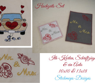 Stickdatei Set Hochzeit mit Hochzeitsauto, Schriftzügen und ITH Glückwunschkarte inkl. Abwandlung zur Geschenktasche