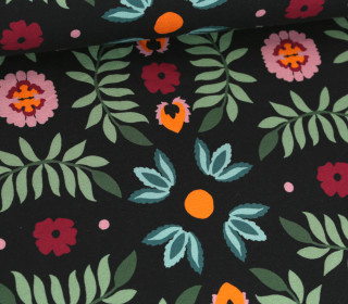 Leichter Sommersweat - French Terry - Blumen & Blätter - Schwarz
