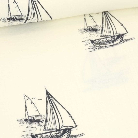 Musselin - Muslin - Double Gauze - Große Segelboote - Maritim - Schnuffeltuch - Windeltuch - Warmweiß/Schwarz