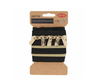 2m Endlosreißverschluss + 5 Zipper - Metallic - Schwarz/Gold