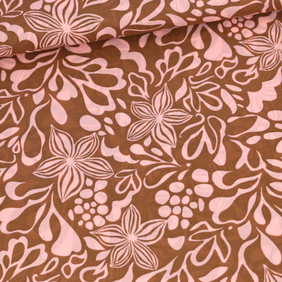 Baumwolle - Webware - Voile - Abstract Blossoms - Lehmbraun