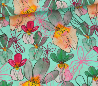 Viskose - Ecovero - Blusenstoff - Painted Flowers - Mint