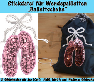 Wendepailletten-Applikation Ballettschuhe - Stickdatei-Set für den 10x10cm bis 18x30cm Rahmen