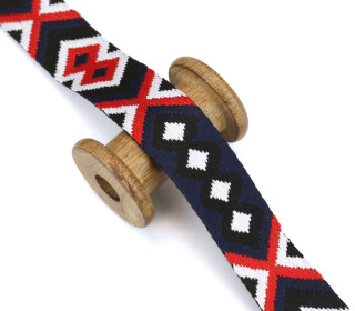 1 Meter weiches Gurtband  - 38mm - Mehrfarbig - Rauten & Kreuze - Stahlblau/Weiß/Dunkelrot/Schwarz