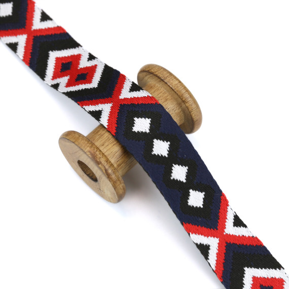 1 Meter weiches Gurtband  - 38mm - Mehrfarbig - Rauten & Kreuze - Stahlblau/Weiß/Dunkelrot/Schwarz