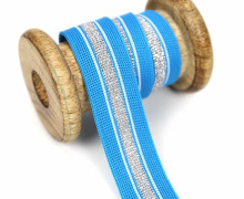 1 Meter Zierband - Dekoband - 25mm - Silberstreifen - Glitzer - Cyanblau